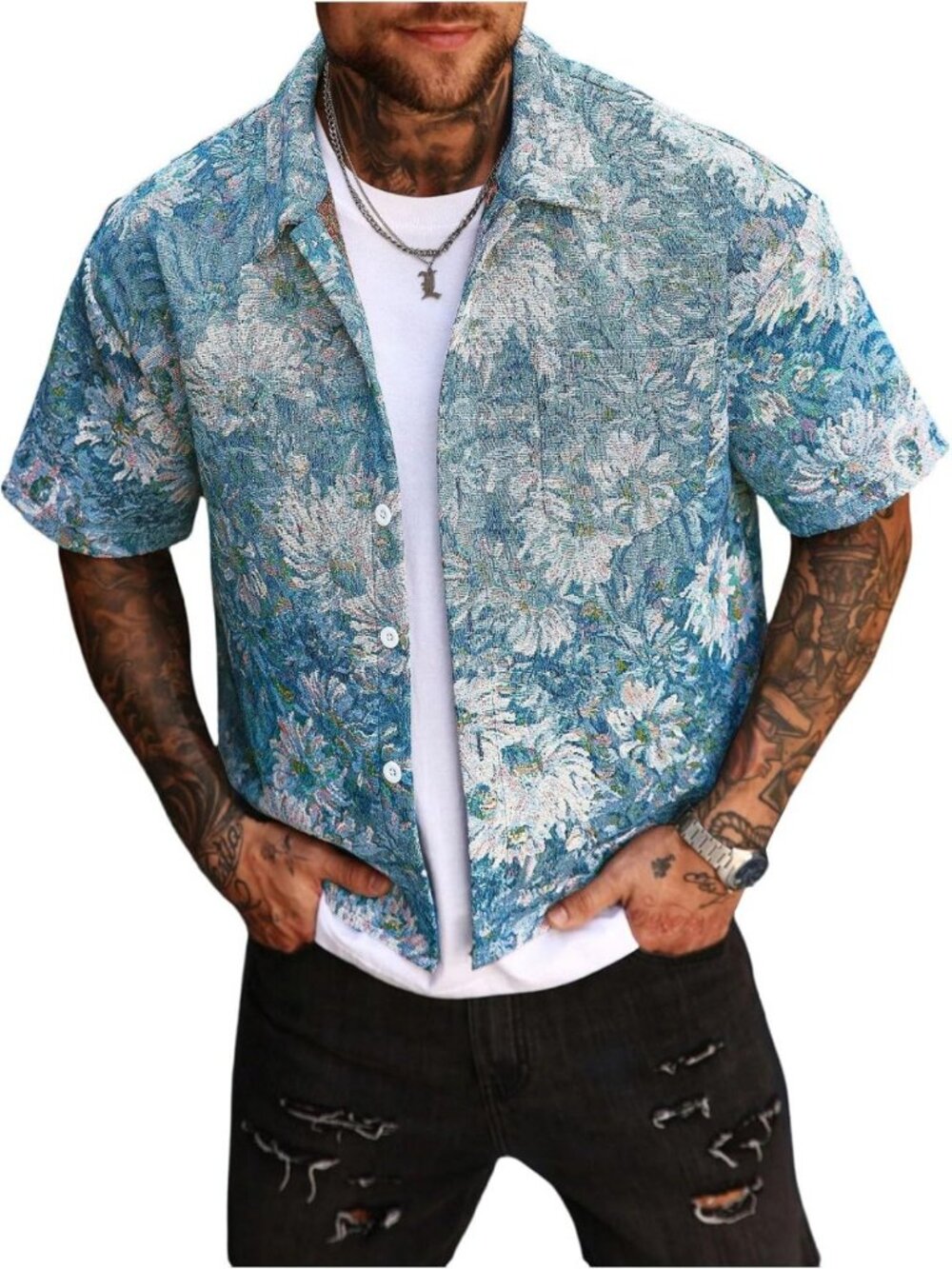 Vintage Floral Short Sleeve Button Down Shirt for Men - Vacation Casual Top
